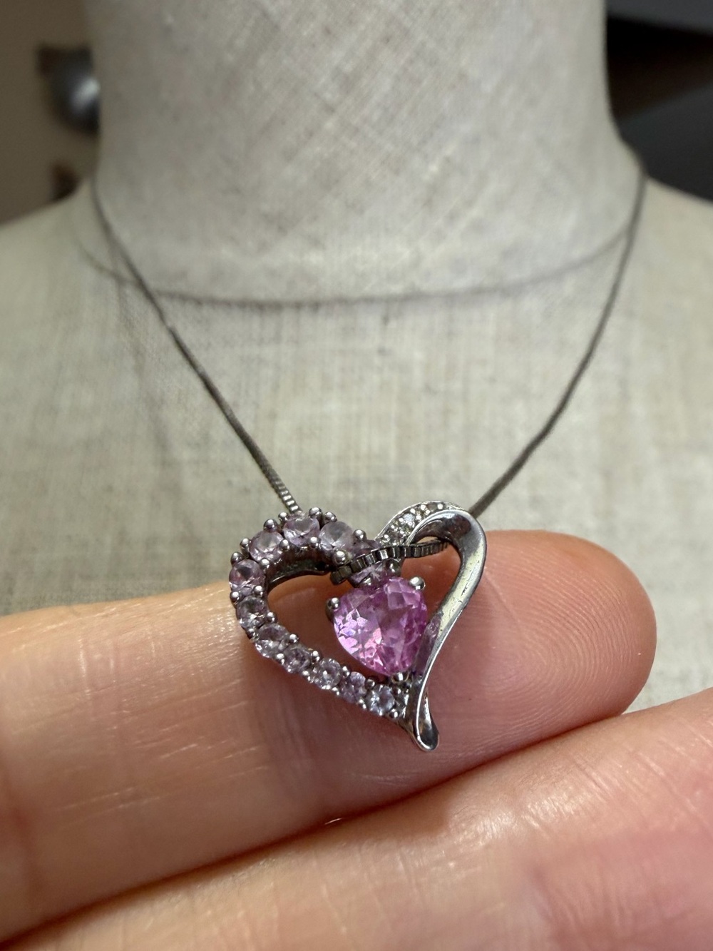 Felicia Design Signed FD 925 Sterling Silver Pink Sapphire CZ Heart Pendant Neck